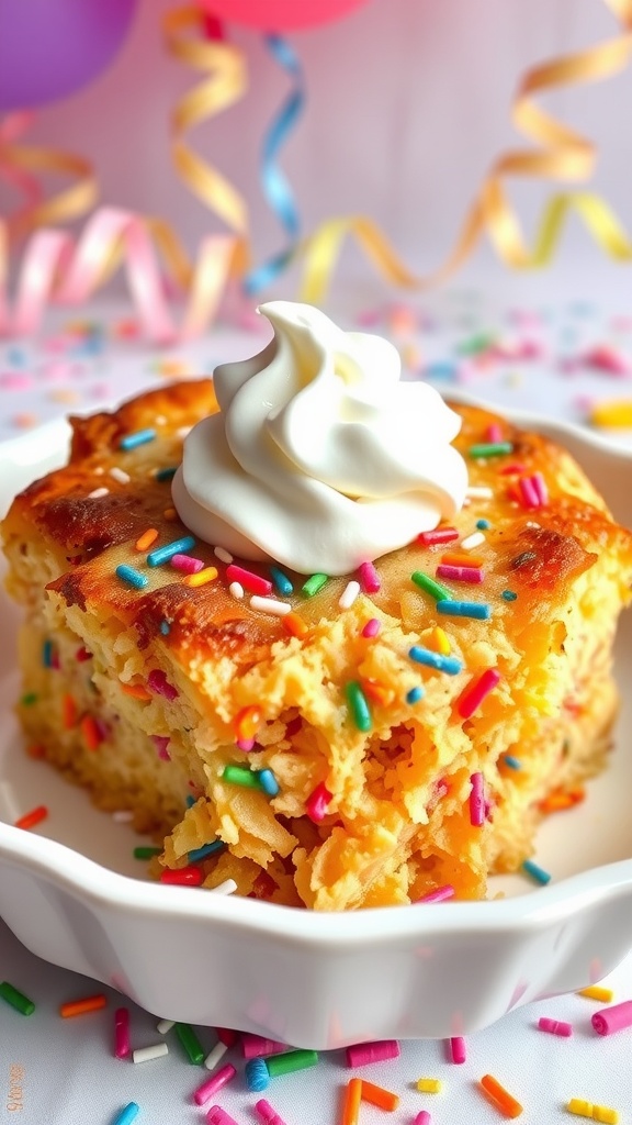 Festive Confetti Birthday Cake Bread Pudding Warm confetti birthday cake bread pudding served with whipped cream and sprinkles in a festive setting.